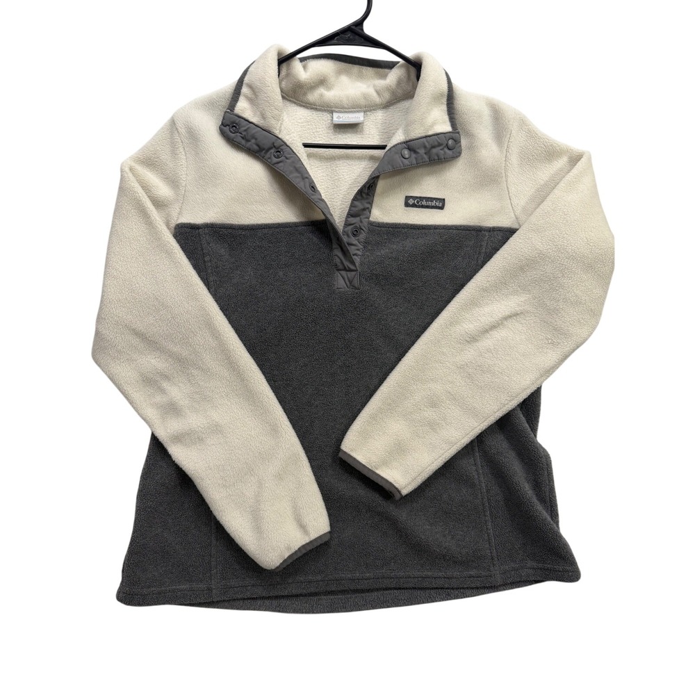 Columbia Fleece Pullover Womens Large Cream Grey Colorblock Snap Neck Sweater - Picture 1 of 4
